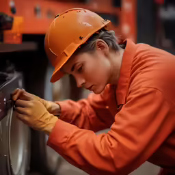 a woman in orange is fixing the electronic components