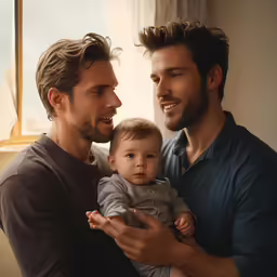 a couple of men holding a baby and smiling