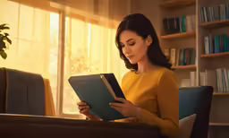 a woman looking at a book while sitting in a chair
