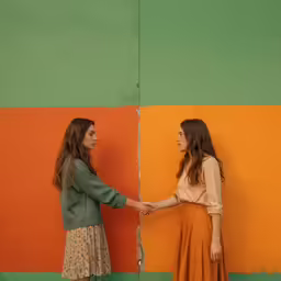 two young girls holding hands in front of a green and orange wall