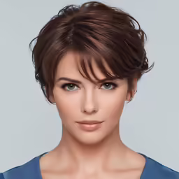 a young woman with short brown hair wearing blue top
