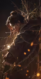 a woman in brown coat looking at light bulbs