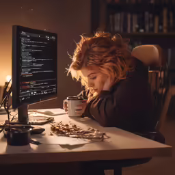 the woman has fallen asleep by her computer and holding a mug