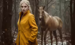 a blonde haired woman wearing a coat and looking at the camera while standing in the woods next to a horse