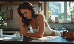 a beautiful woman in white bathing suit posing in kitchen
