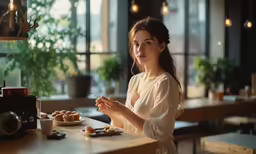 a woman is at a table with a cup of coffee
