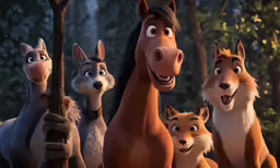 an animated horse, two kangaroos, and a rabbit holding onto a pole