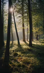 the sunlight shines through the trees onto the green field