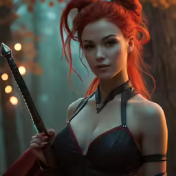 a beautiful red haired woman holding a sword in a dark forest