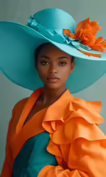woman with large bright blue hat and orange dress