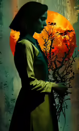 a woman standing in front of a full moon holding a dead plant