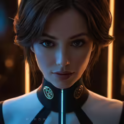 a girl with shoulder collared clothes in front of some lights