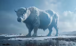 an animal standing in the snow next to some water