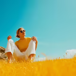a woman wearing white pants and sunglasses sitting on a hill
