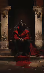 the person in red cloak is sitting on a bench