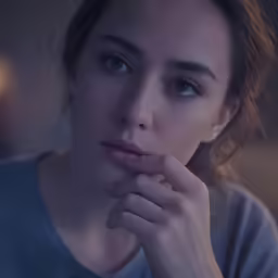 a woman looking into the camera with a thoughtful look on her face