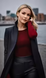 woman in black suit and red top next to body of water