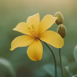there is a yellow flower with green leaves on the sides