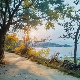 there is sun shining on the water from the trail near to the beach