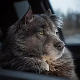 the dog is laying down in the car