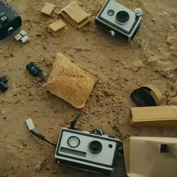 various vintage cameras and lenses sitting on the ground