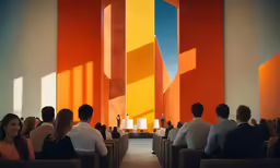 a group of people sitting in chairs inside of a church
