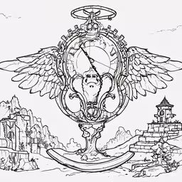the cartoon character from a story is flying with wings,a black and white drawing of a bird with a halo around it