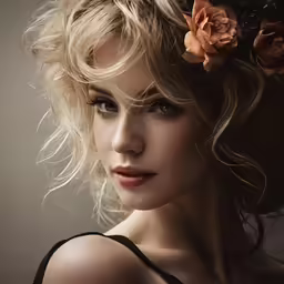 a beautiful young lady wearing a flower in her hair