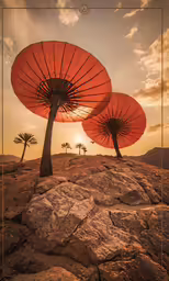 two umbrellas on rocks near the ocean