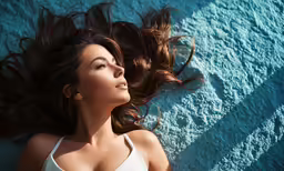 a woman in a bikini laying on top of blue sheets