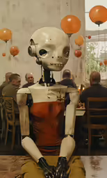 the humanoid is in a fancy restaurant with balloons floating around
