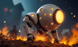 a white robot with two eyes looking at a fire