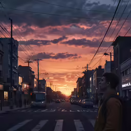a man looks over the city street as the sun sets