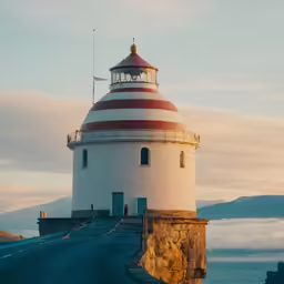 there is a lighthouse with a clock built into the side of it