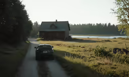 a car parked in front of a wooden cabin