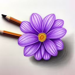 purple flower painted on white paper with pencils,a purple flower with yellow stamens is being shown with two pencils,an image of a purple flower and two pencils,a drawing of a pencil and a flower,this is a drawing of a purple flower with two pencils in it