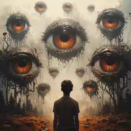 the man stands in front of a poster with an image of two huge, demonic eyes