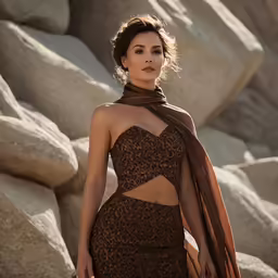 a woman wearing brown with an animal print top