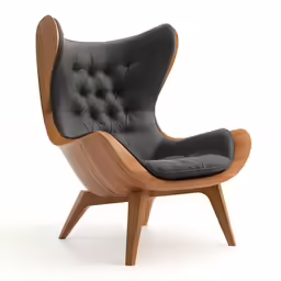 a black chair with wooden frame and arm rest