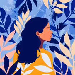 a painting of a woman in front of some leaves