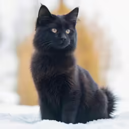 black cat sitting in the snow near trees