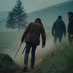 a man is walking up a hill while another man is holding two sticks