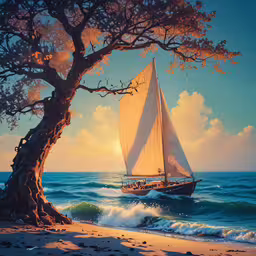 a sailboat on the water by a tree with waves coming in