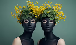 two black women wearing body makeup, and flowers on their heads
