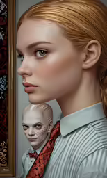 a woman with red hair and a red tie
