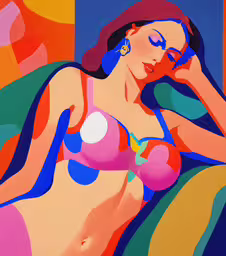 a painting of a woman laying on a couch,a colorful female with very large breast in a bikini