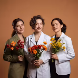 three women stand and hold flowers against a backdrop