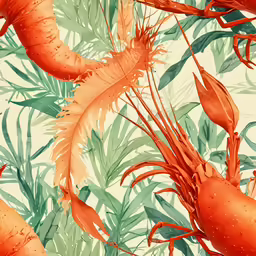 a pattern with orange shrimp and green palm leaves