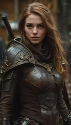 the woman in armor has a wooden sword