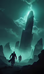 two men are walking through a dark sci - fied
